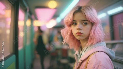 a beautiful girl with pink short hair standing in a subway, blurry background 