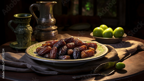 An ornate platter with luxurious organic tasty dates and nuts, illuminated by candlelight for an intimate setting.
