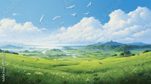 a green field with birds of various species coexisting peacefully  their harmonious interactions and shared habitat showcasing the delicate balance of nature and the unity of diverse life forms.