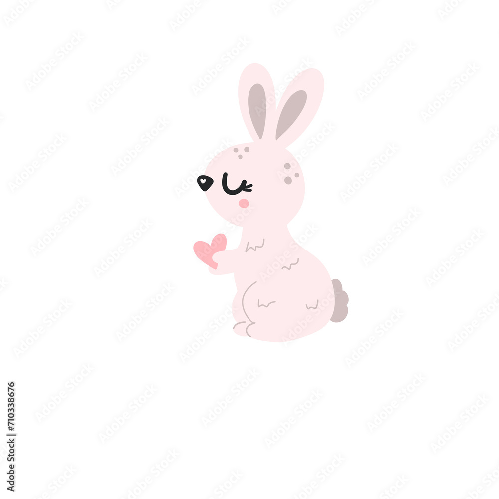 Cartoon pink rabbit with heart isolated on white
