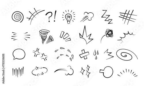 Manga or anime comic emoticon element graphic effects hand drawn doodle vector illustration set isolated on white background. Cartoon style manga doodle line expression scribble anime mark collection.