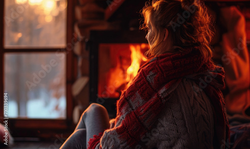 woman in red blanket smiling in front of the fireplace, relaxing and enjoying her holiday