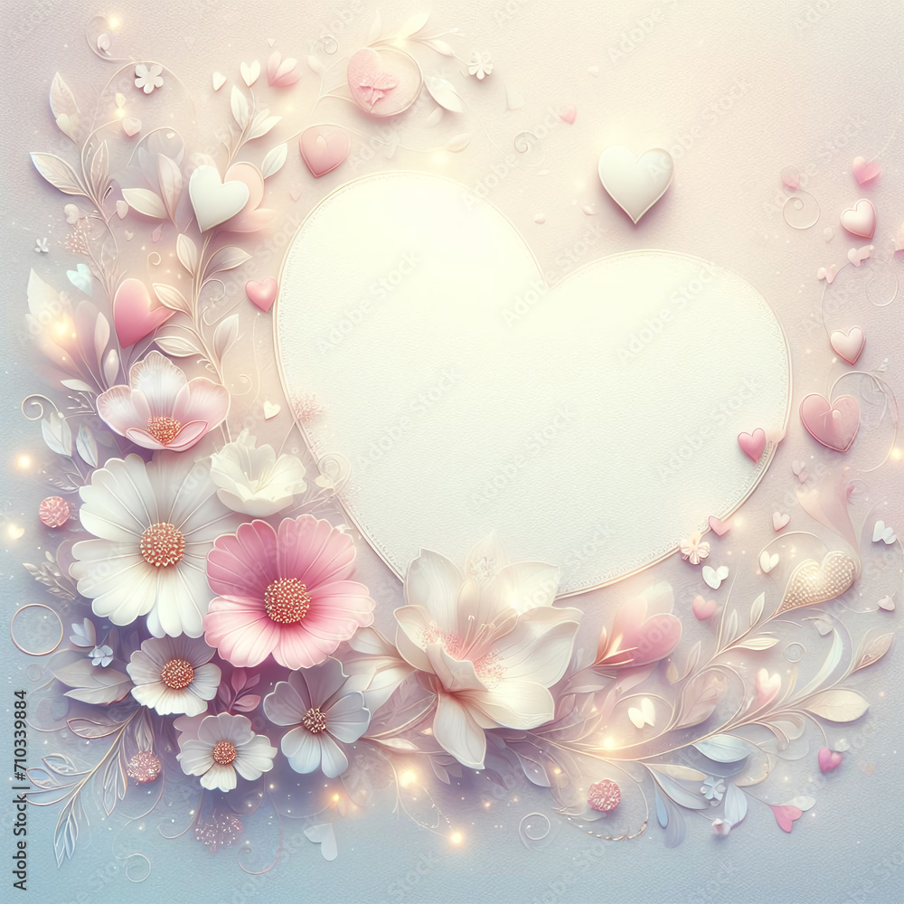 Top view photo with flowers and hearts in light colors, Al Generation - obrazy, fototapety, plakaty 