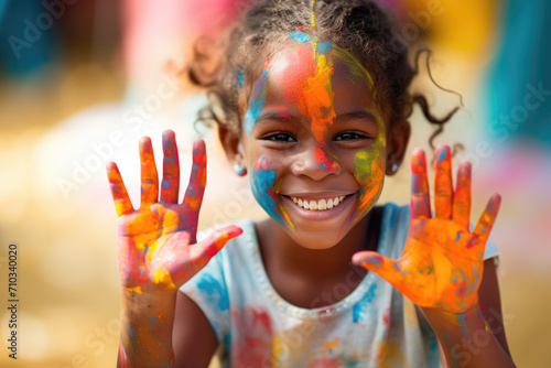 Girl covered in colorful paint smiling with hands up. © Anna