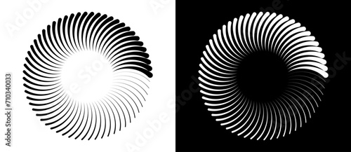 Radial lines of different thickness, as a logo or abstract background. A rotating circle like a loading sign. Black shape on a white background and the same white shape on the black side. photo
