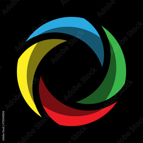 Circle with 4 color segments. Red, Green, Blue and Yellow triangles with dark part inside rotate in circle.