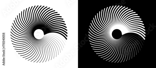 Radial lines of different thickness, as a logo or abstract background. A rotating circle like a loading sign. Black shape on a white background and the same white shape on the black side.