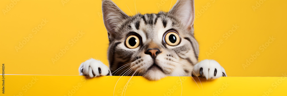 Young cat make big eyes , align the cat right closeup on yellow background