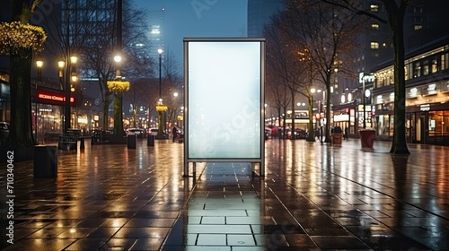 Blank white vertical digital billboard poster on city street bus stop at night, blurred urban background with skyscraper, mockup for advertisement, marketing. AI generative.