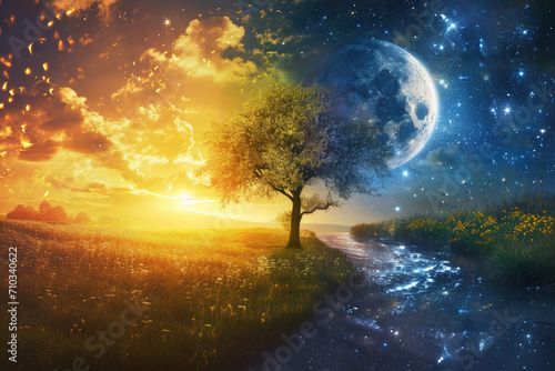Fantastic magical fairy tale landscape with moon and sun, spring equinox, day and night © Kien