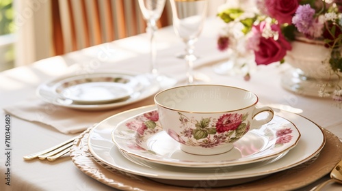 a vintage dinner set with classic floral patterns, its timeless elegance radiating against the pristine white background, evoking a sense of nostalgia and vintage charm reminiscent of a bygone era.