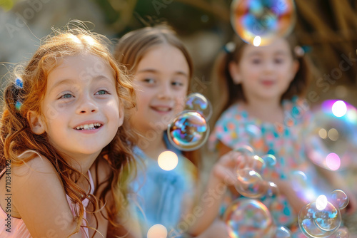 family smiling in the field with kids blowing bubbles