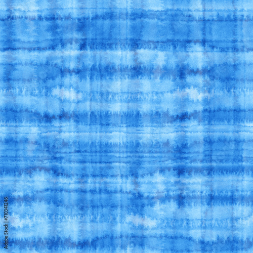 Watercolor checkered transparent texture. Blue hand drawn abstract seamless pattern. Endless backdrop.