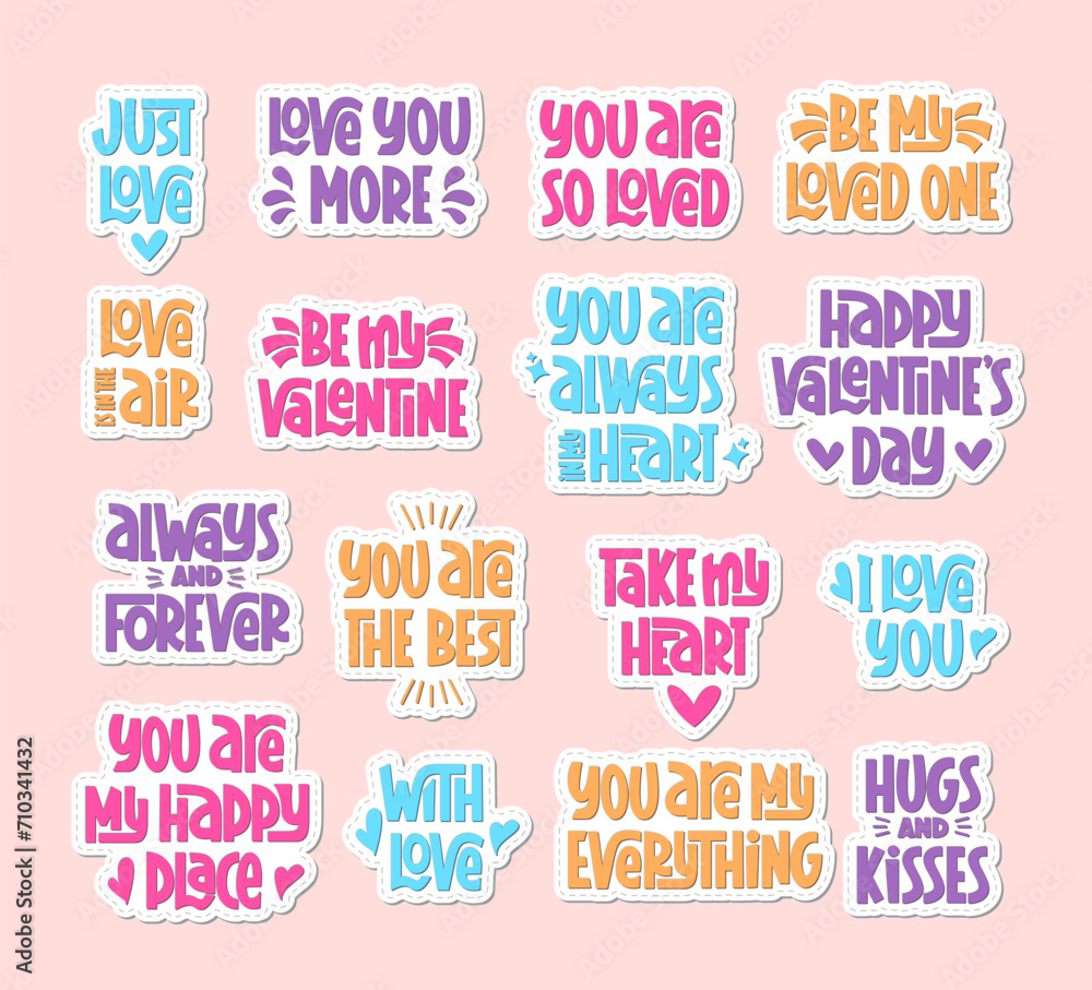 Valentine Quotes Hand Lettering Colorful Stickers. Vector Handwritten Sticky Phrases for Valentines Day. I Love You, Take My Heart, Hugs and Kisses, You are With Love Collection.