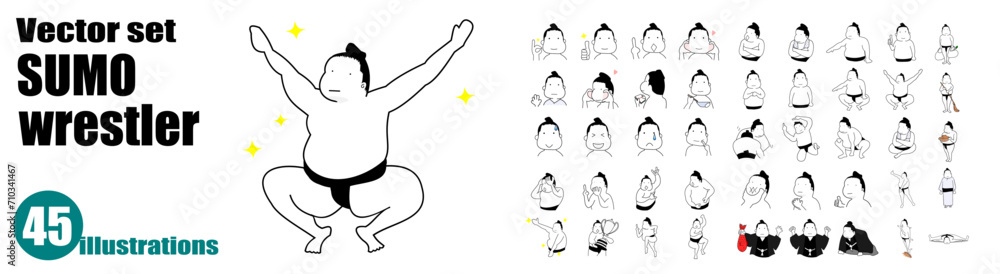 Fototapeta premium 相撲力士のポーズ・しぐさ45点 ベクターイラストセット