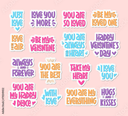 Valentine Quotes Hand Lettering Colorful Stickers. Vector Handwritten Sticky Phrases for Valentines Day. I Love You  Take My Heart  Hugs and Kisses  You are With Love Collection.