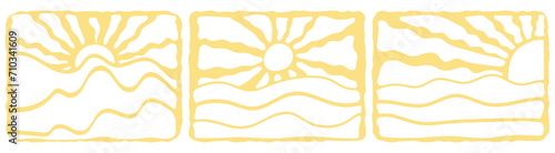 Groovy retro abstract sunset in a sea backgrounds. doodle shapes in trendy naive hippie 60s 70s style. Square wavy vector illustration in yellow colors.