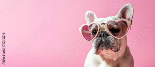 Foto A charming French Bulldog wearing heart-shaped sunglasses brings a touch of whim