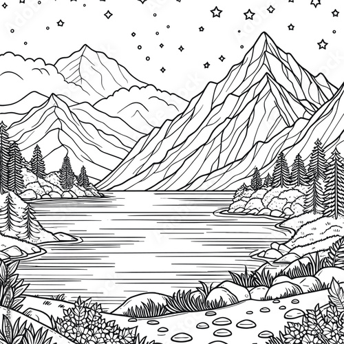 Tranquil Mountains: Coloring Page of Nature's Landscape for Creative Kids