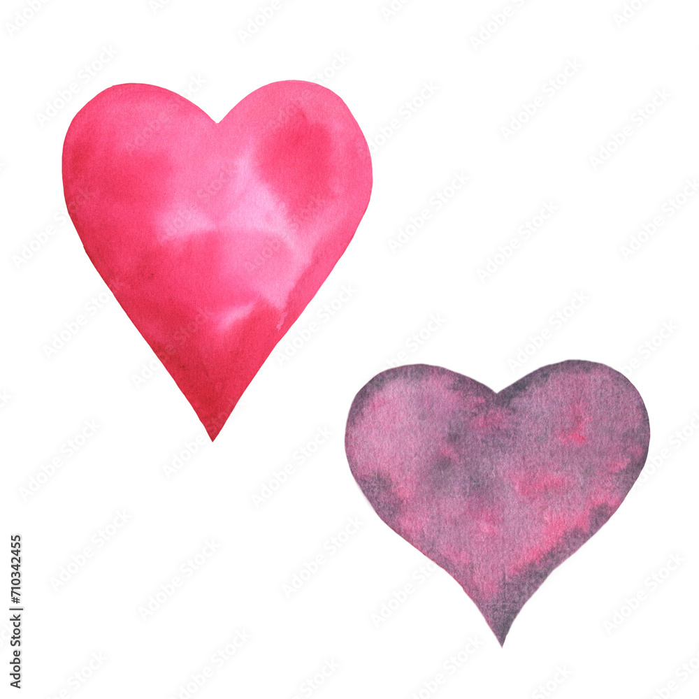 Watercolor set with different hand drawn red Hearts. Illustration with symbols of love for Valentines Day design or wedding invitations cards. Isolated clipart on white background.
