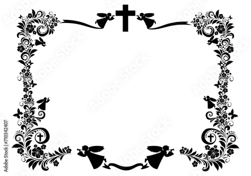 Angels and flowers. Black frame, border,banner. For Easter, Spring, baptism , wedding cards and publications. Christian Good News. Catholic, Orthodox, Protestant postcard. Illustration