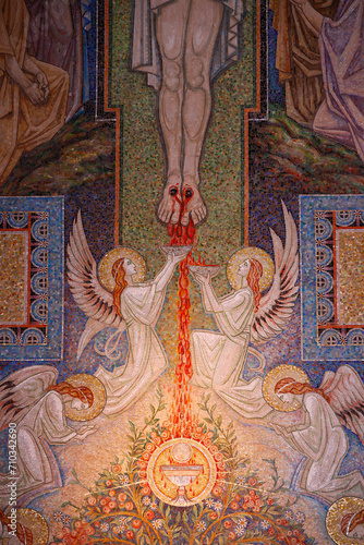 The Basilique de la Visitation.  Passion of Christ. The crucifixion, Jesus on the cross. Mosaics by Antoine Molkenboer. Annecy. France. photo
