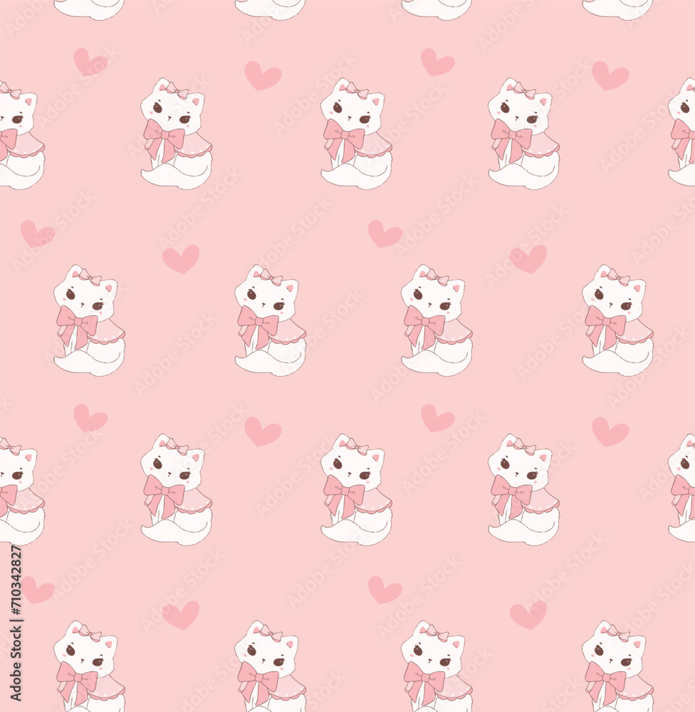 Cute coquette cat adorned with pink ribbon bow pattern seamless isolated on pink background. Cute coquette cat adorned with pink ribbon bow pattern seamless isolated on pink background.