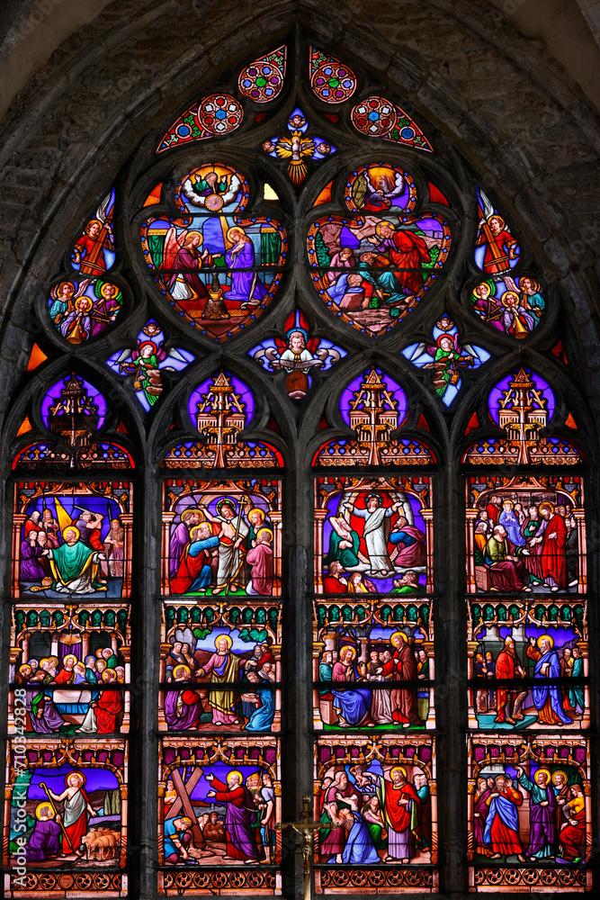Saint Leonard church.  Stained glass. The lofe of Jesus-Christ.  Arbois. France.