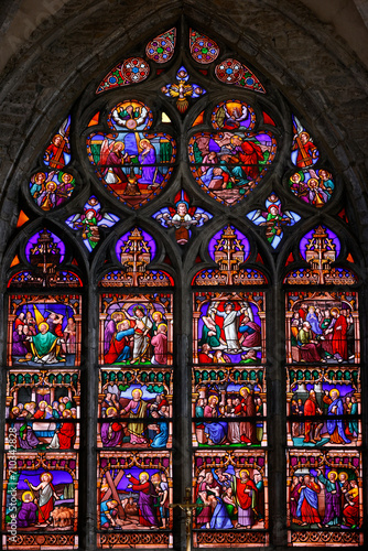 Saint Leonard church. Stained glass. The lofe of Jesus-Christ. Arbois. France.