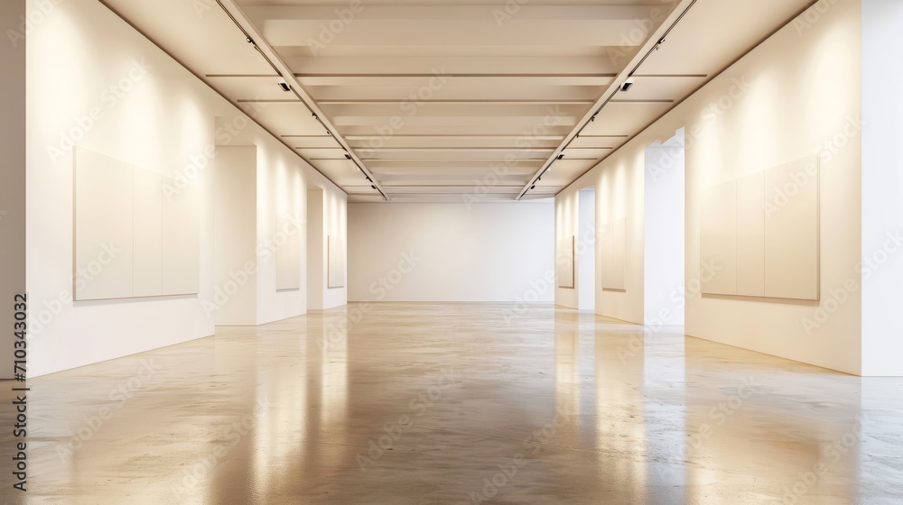 Spacious and Sleek Modern Art Gallery Interior with Blank Canvases on White Walls under Soft Gallery Lighting