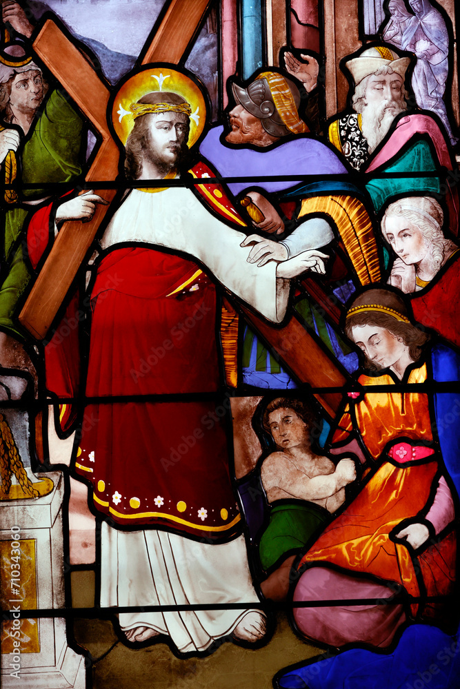 Obraz premium Saint Leonard church. Stained glass. Way of the cross. Station 8. Jesus meets the women of Jerusalem. Honfleur. France.