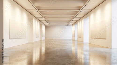 Spacious and Sleek Modern Art Gallery Interior with Blank Canvases on White Walls under Soft Gallery Lighting