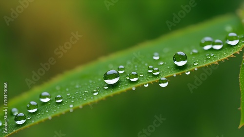 Macro view of dewdrops clinging to the surface of leaves.