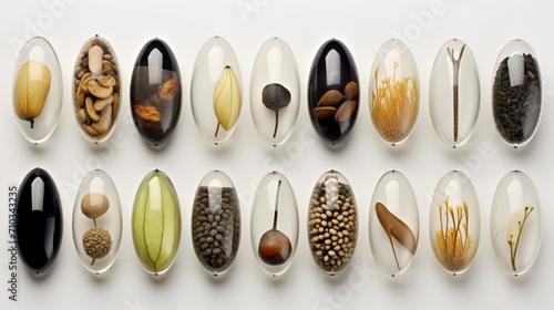 seeds of different plants, each encapsulated in its protective casing, elegantly displayed on the white surface, capturing the diversity of seed structures and the ingenuity of nature's engineering.