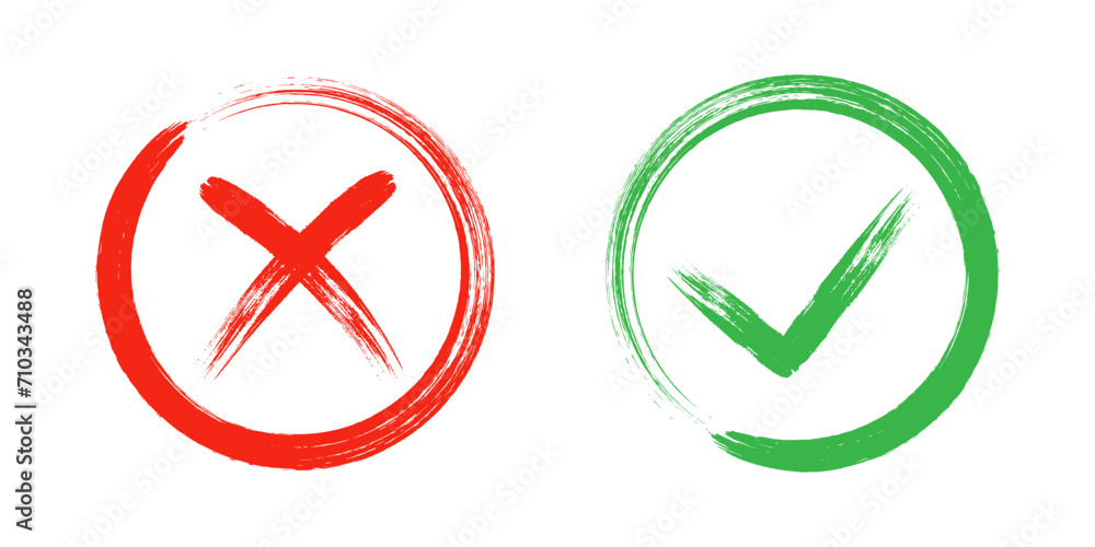 Two dirty grunge cross x and tick OK check marks in check boxes, hand drawn with brush strokes vector illustration isolated on white background. Check mark symbol NO and YES buttons for web vote, etc. Two dirty grunge cross x and tick OK check marks in check boxes, hand drawn with brush strokes vector illustration isolated on white background. Check mark symbol NO and YES buttons for web vote, etc.