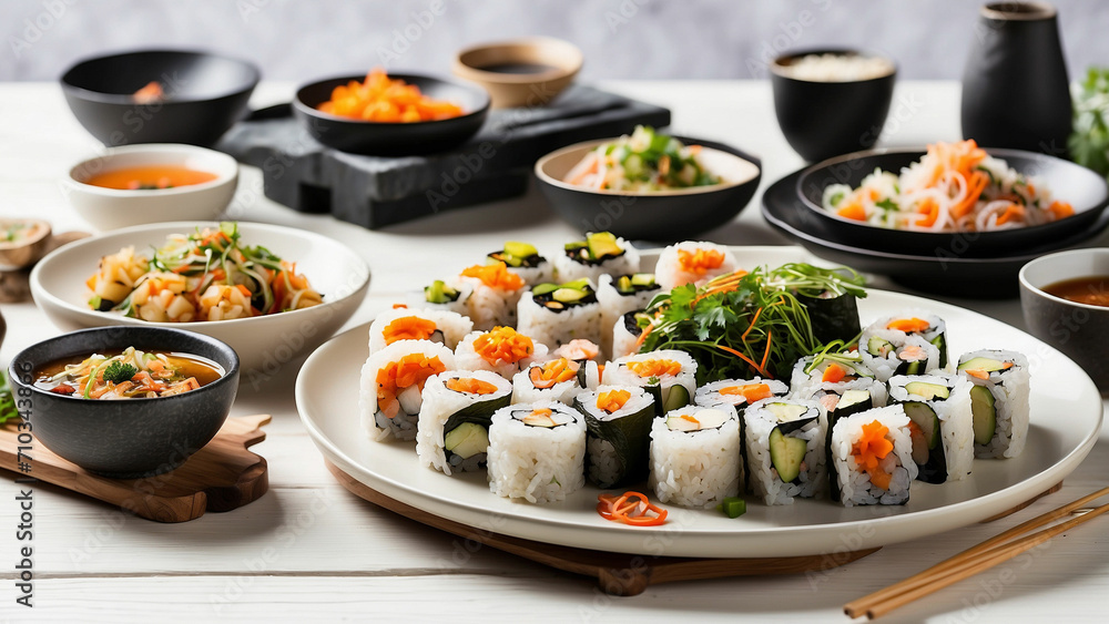 a variety of Asian-inspired vegetarian dishes on a white wooden table in a restaurant include sushi rolls, vegetable stir-fry, miso soup, and a side of pickled veggies a variety of Asian-inspired vegetarian dishes on a white wooden table in a restaurant include sushi rolls, vegetable stir-fry, miso soup, and a side of pickled veggies