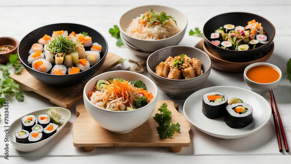 a variety of Asian-inspired vegetarian dishes on a white wooden table in a restaurant include sushi rolls, vegetable stir-fry, miso soup, and a side of pickled veggies a variety of Asian-inspired vegetarian dishes on a white wooden table in a restaurant include sushi rolls, vegetable stir-fry, miso soup, and a side of pickled veggies
