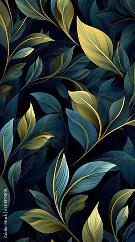 luxury blue leaves and gold leaves, A bunch of leaves with gold foil on them. This elegant, nature-inspired design is perfect for invitations, greeting cards, stationery, and branding materials