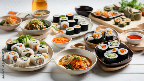 a variety of Asian-inspired vegetarian dishes on a white wooden table in a restaurant include sushi rolls, vegetable stir-fry, miso soup, and a side of pickled veggies