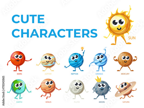 Solar system planet cute cartoon character science education poster vector flat illustration