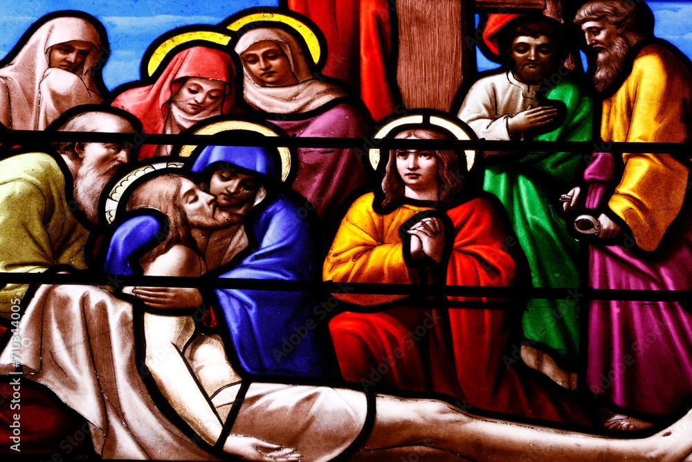 Saint Aubin church. Stained glass. Way of the cross. Station 8. Jesus meets the women of Jerusalem. Houlgate. France. Saint Aubin church. Stained glass. Way of the cross. Station 8. Jesus meets the women of Jerusalem. Houlgate. France.