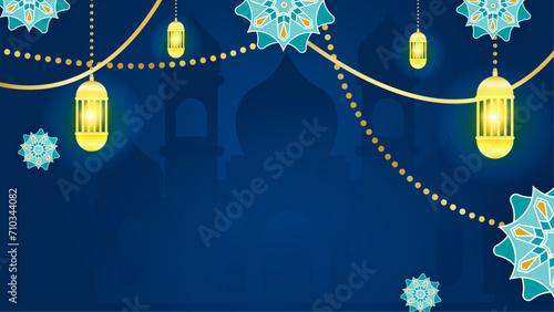 Blue white and gold vector realistic islamic ramadhan background set with lanterns with mandala ornament. Islamic ramadan blue luxury background with mandala for poster