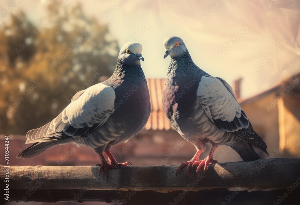 Fototapeta premium Pair of pigeons stood rustic scene. Dove birds sitting on rural countryside architecture. Generate ai