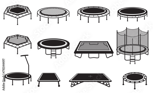 Trampoline jumping entertainment for indoor outdoor leisure activity black icon set isometric vector photo