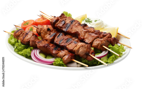 Kabab Platter Artfully Presented on a White Plastic Plate On White or PNG Transparent Background.