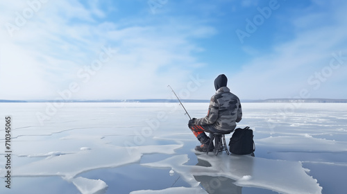 a man fishing on an iced lake