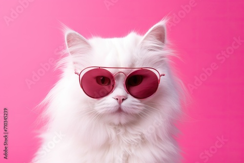 white cat portrait in red glasses. banner with a soft pink background Peach Fuzz