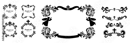 Angels and flowers. Black frame, border,banner. For Easter, Spring, baptism , wedding cards and publications. Christian Good News. Catholic, Orthodox, Protestant postcard. Vector Illustration
