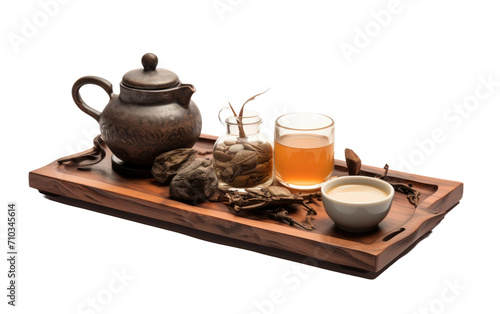 Brown Kung Fu Tea Set with Seeds Tea in Glass Jars and White Bowl on Wooden Tray On White or PNG Transparent Background.