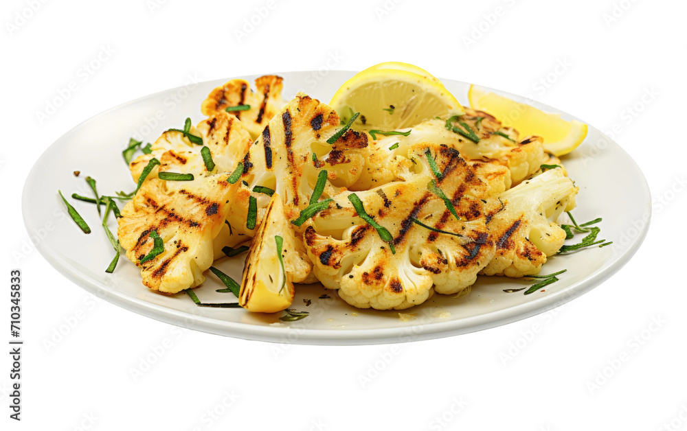 Grilled Cauliflower with Zesty Lemon on a White Plate and fresh mint On White or PNG Transparent Background. Grilled Cauliflower with Zesty Lemon on a White Plate and fresh mint On White or PNG Transparent Background.